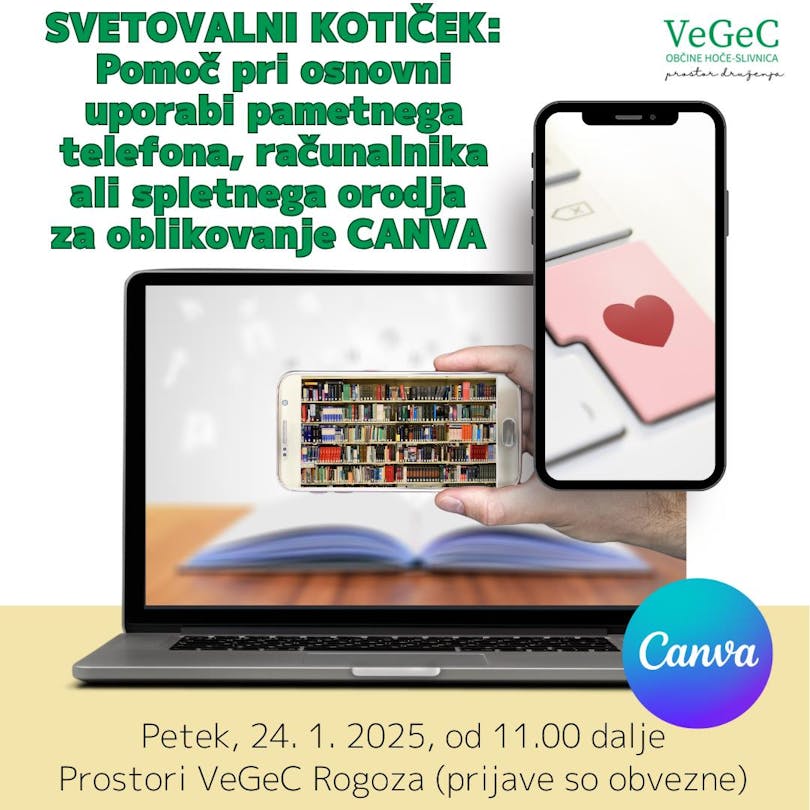 Svetovalni kotiček - pomoč pri osnovni uporabi pametnega telefona, računalnika ali spletnega orodja Canva